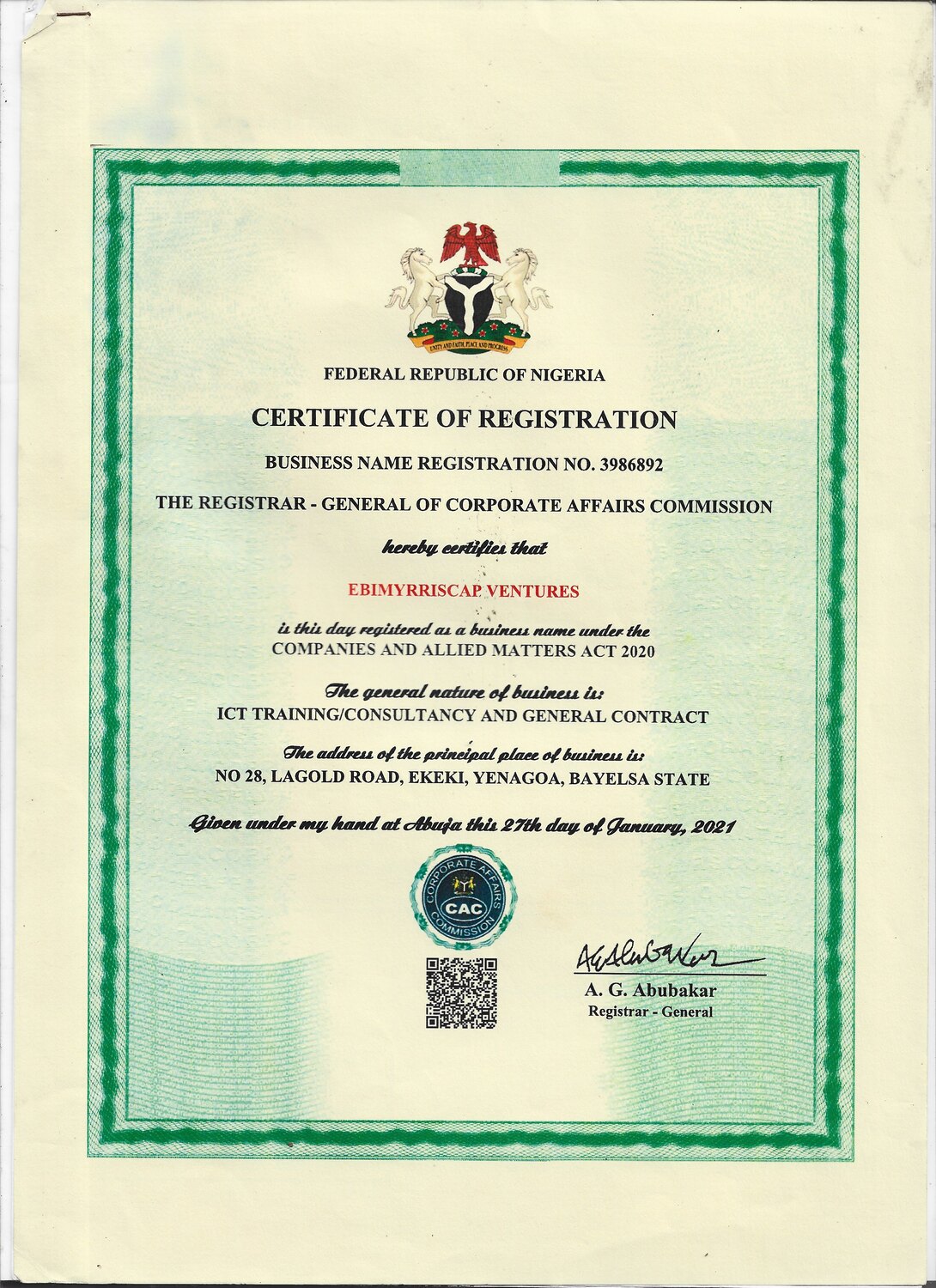 Supplied CAC certificate for Ebimyrriscap Ventures