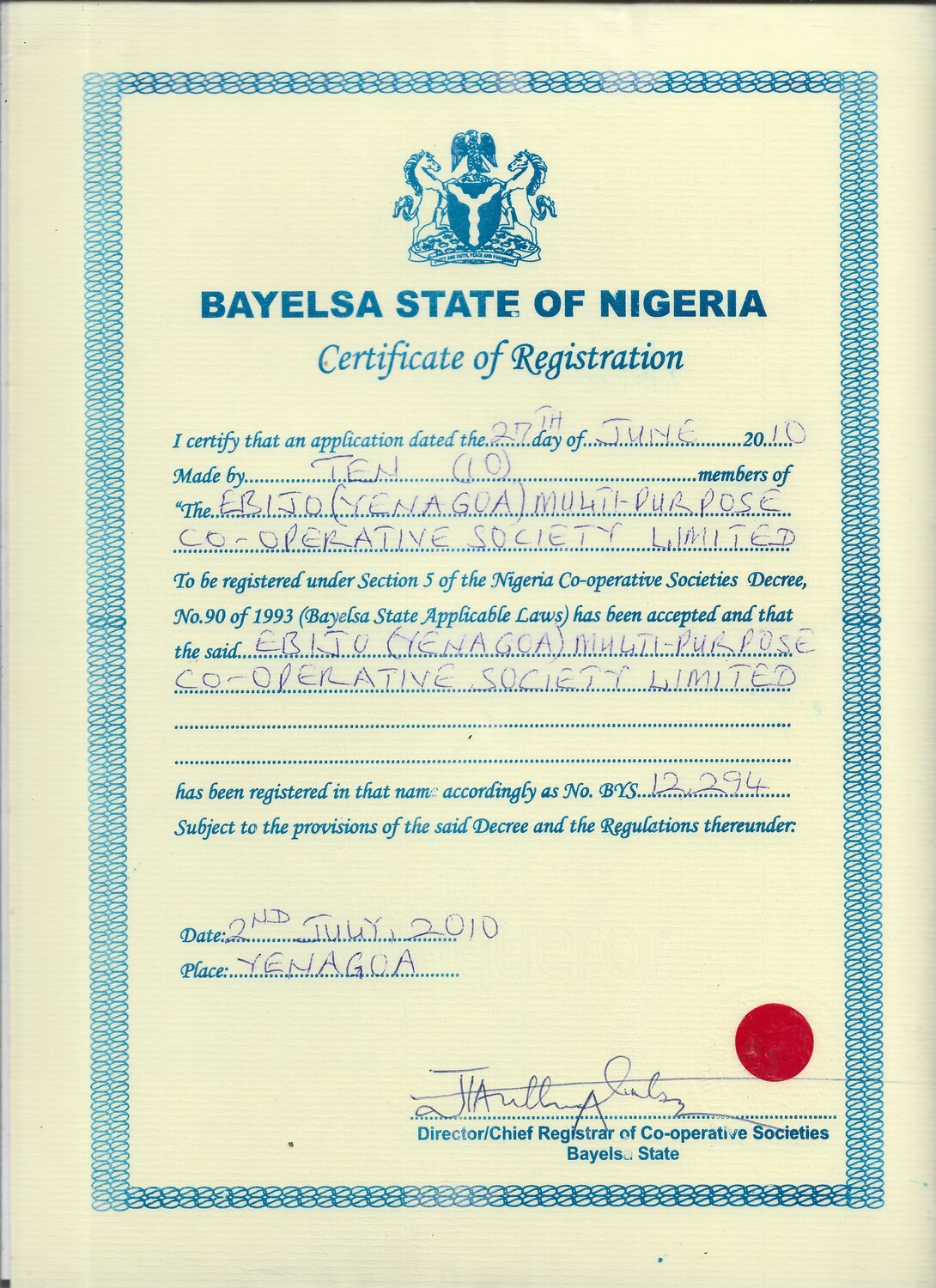 Supplied Bayelsa State cooperative registration certificate