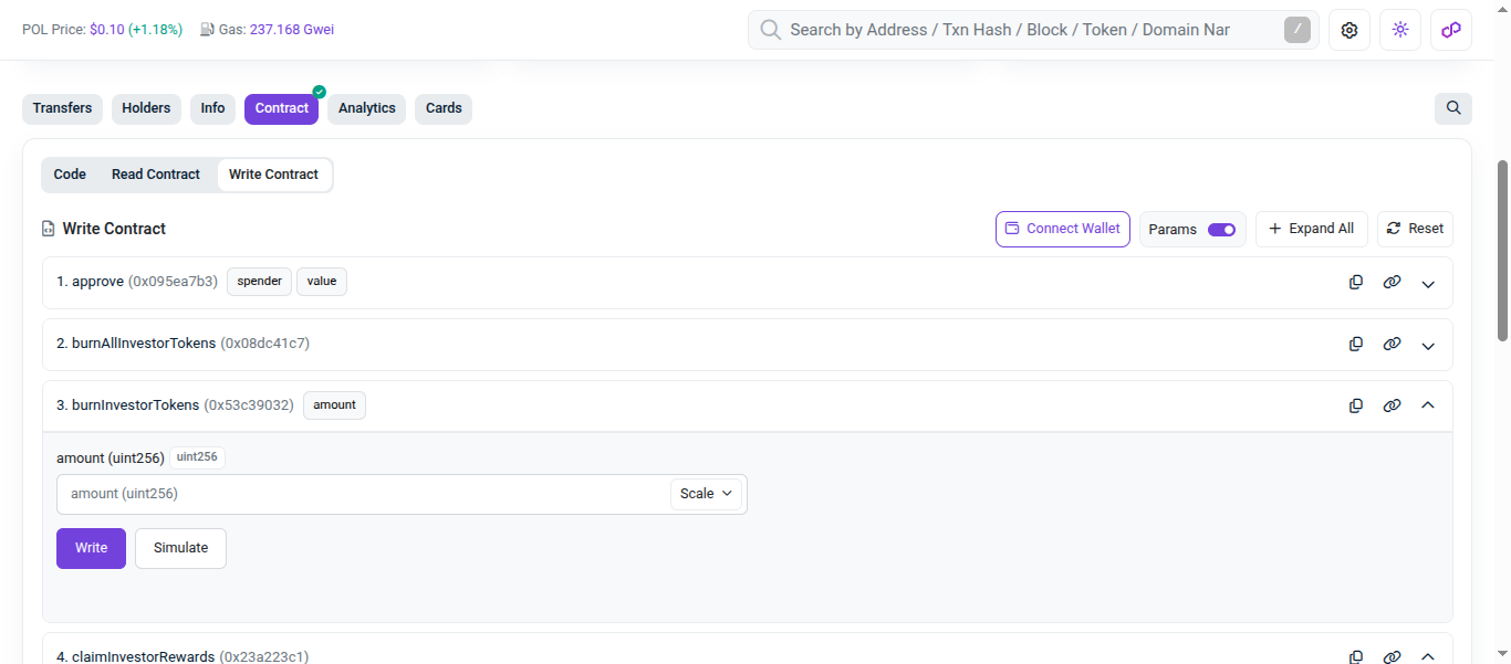 PolygonScan showing the amount field for burnInvestorTokens
