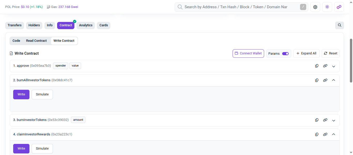 PolygonScan Write Contract showing burnAllInvestorTokens and claimInvestorRewards methods